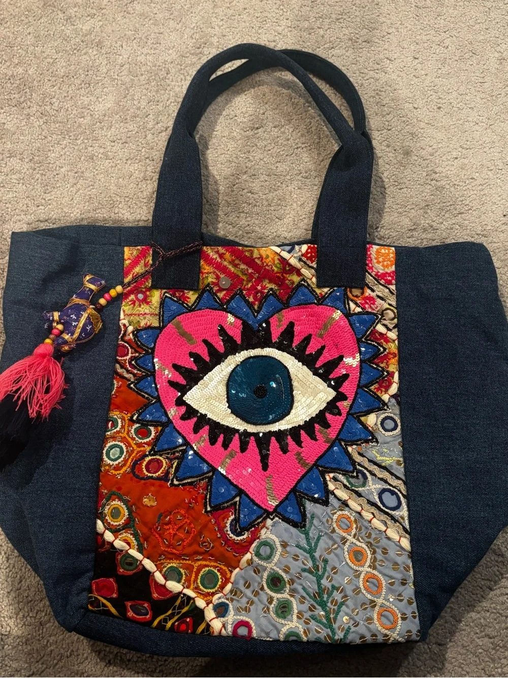 Embroidered Navy Tote with Pink Heart Eye Accent